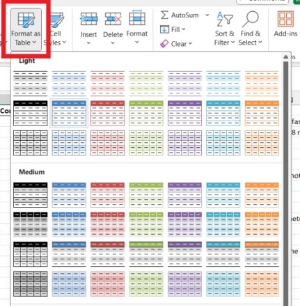 How to create tables in Excel2