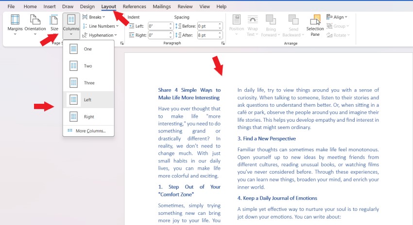 How to divide text into multiple columns in Word1