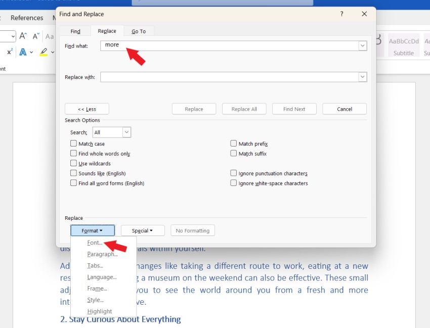 Instructions on how to find and replace formatting in Word 4