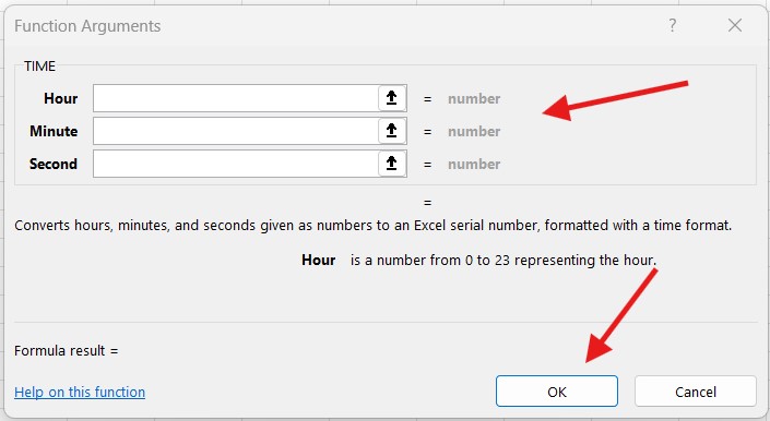 Insert time using TIME function