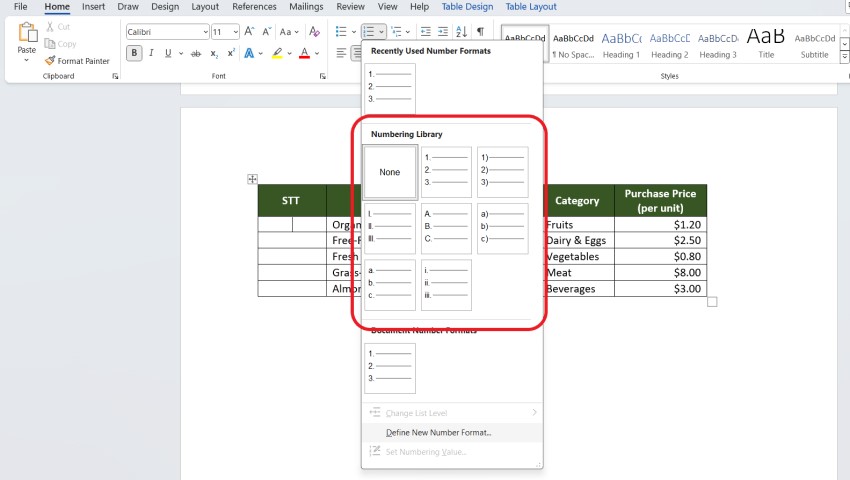 number in Microsoft Word