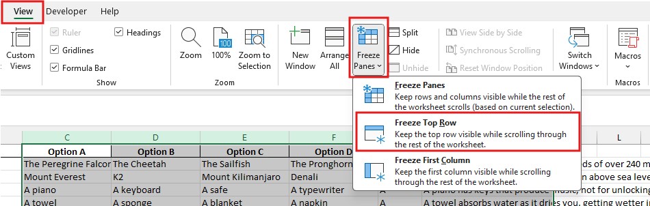 How to freeze rows and columns in Excel 