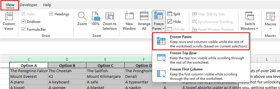 How to freeze rows and columns in Excel 