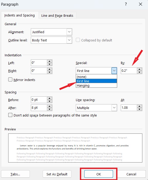 Instructions for 3 simple ways to indent first lines in Microsoft Word